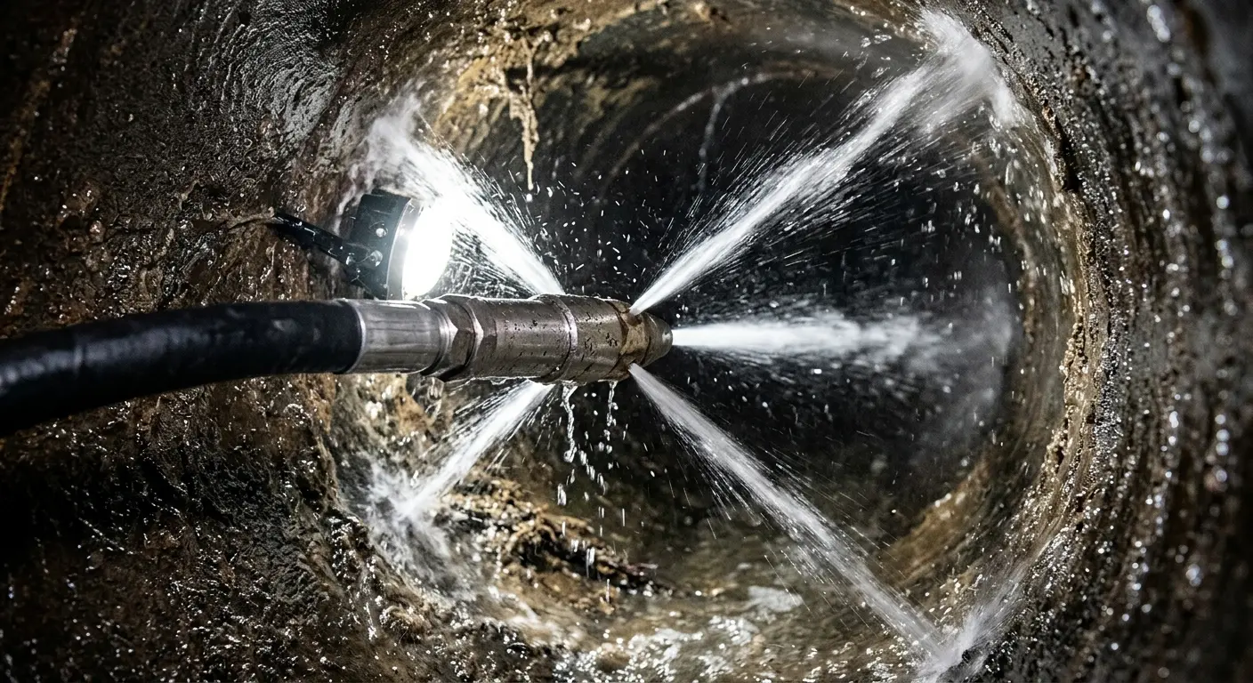 High-pressure hydro jetting nozzle cleaning sewer pipe for Trenchless Sewer Repair in Melvindale