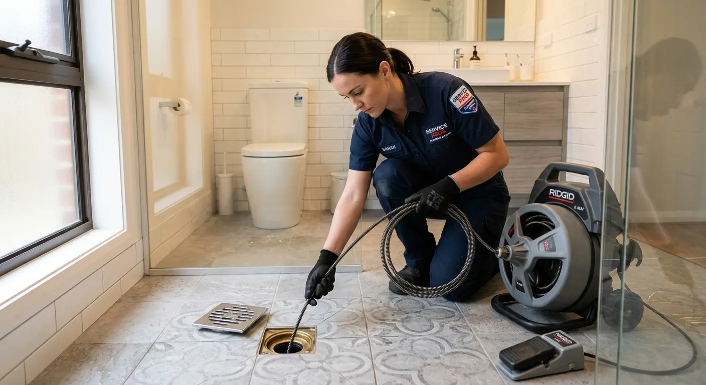 Technician clearing a bathroom floor drain for Drain Repair in Melvindale